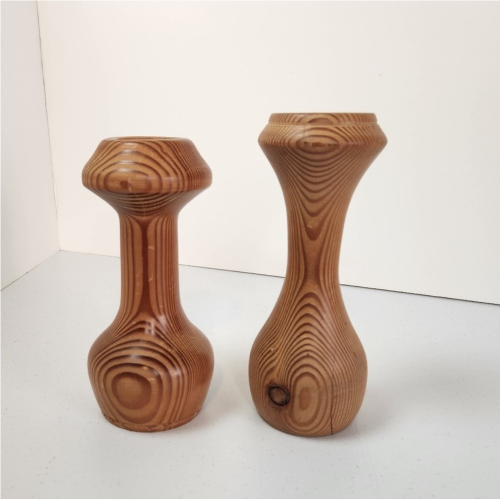 Vintage Scandinavian Candle Holders Wood Asymmetrical Wooden Home Decor 1970s